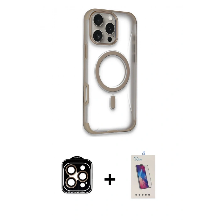 MARSİLYAN™- iPhone 14 Pro Max Kılıf Eksen Klasik Koleksiyonu - Siyah Joko 5D Cam + Turuncu PVD Metal Kamera Lens
