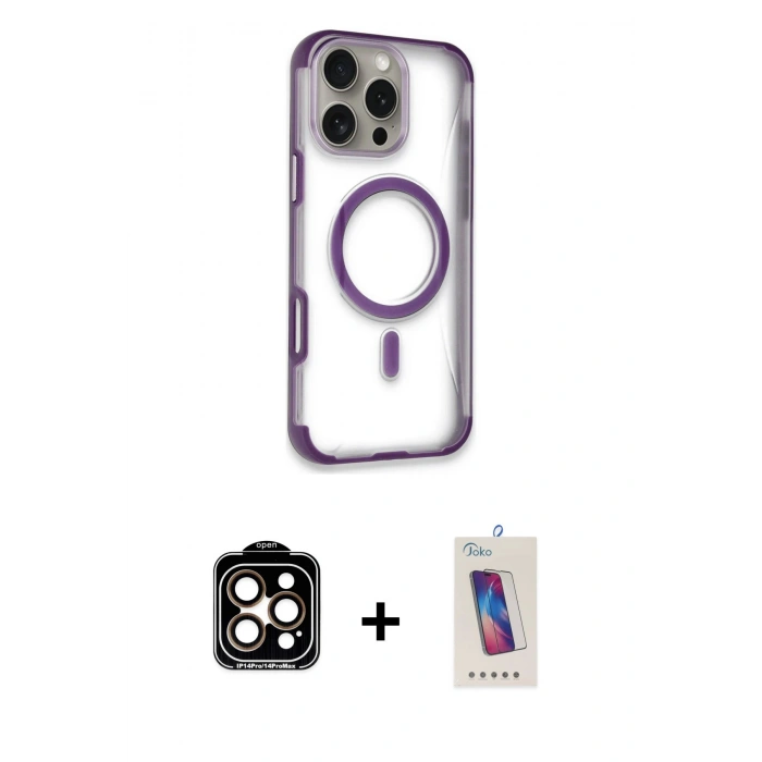 MARSİLYAN™- iPhone 14 Pro Max Kılıf Eksen Klasik Koleksiyonu - Siyah Joko 5D Cam + Turuncu PVD Metal Kamera Lens