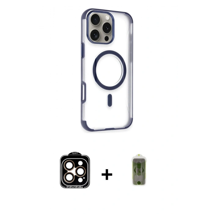 MARSİLYAN™- iPhone 14 Pro Max Kılıf Eksen Klasik Koleksiyonu - Siyah Joko Magic 5D Hayalet Cam + Turuncu PVD Metal Kamera Lens