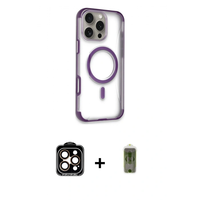 MARSİLYAN™- iPhone 14 Pro Max Kılıf Eksen Klasik Koleksiyonu - Siyah Joko Magic 5D Hayalet Cam + Turuncu PVD Metal Kamera Lens
