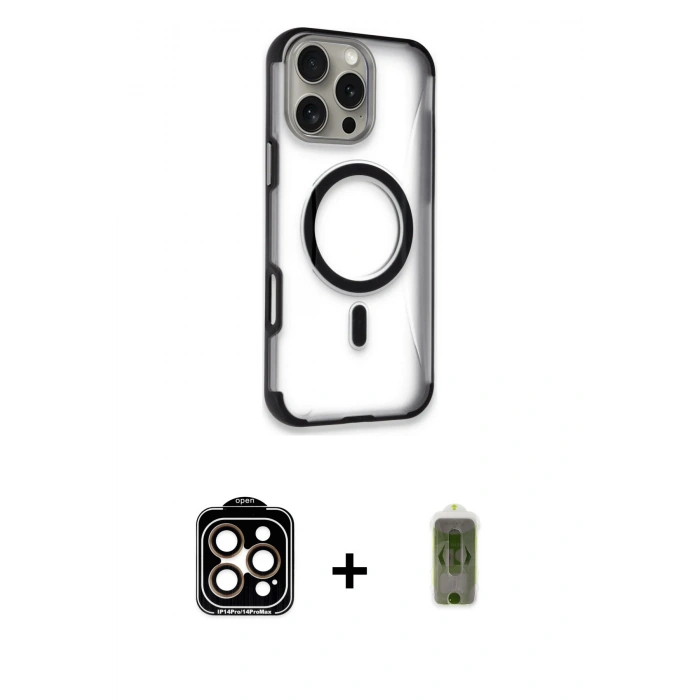 MARSİLYAN™- iPhone 14 Pro Max Kılıf Eksen Klasik Koleksiyonu - Siyah Joko Magic 5D Hayalet Cam + Turuncu PVD Metal Kamera Lens