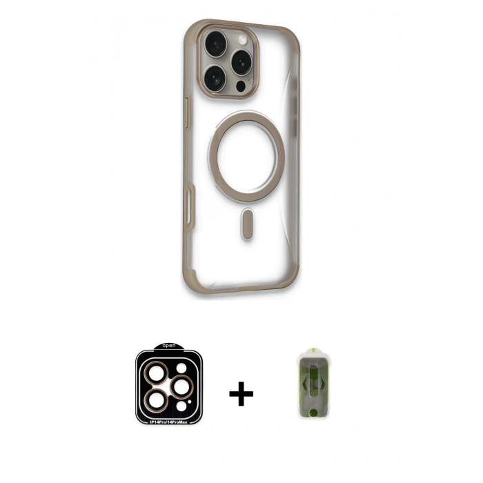 MARSİLYAN™- iPhone 14 Pro Max Kılıf Eksen Klasik Koleksiyonu - Siyah Joko Magic 5D Hayalet Cam + Turuncu PVD Metal Kamera Lens