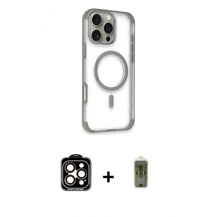 MARSİLYAN™- iPhone 14 Pro Max Kılıf Eksen Klasik Koleksiyonu - Siyah Joko Magic 5D Hayalet Cam + Turuncu PVD Metal Kamera Lens
