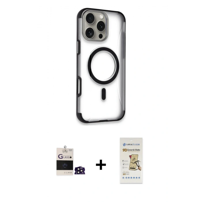 MARSİLYAN™- iPhone 14 Pro Max Kılıf Eksen Klasik Koleksiyonu - Siyah Mat Seramik Nano Ekran Koruyucu + Bilvis Titan Kamera Lens - DNMR