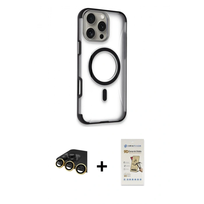 MARSİLYAN™- iPhone 14 Pro Max Kılıf Eksen Klasik Koleksiyonu - Siyah Mat Seramik Nano Ekran Koruyucu + Raze Metal Kamera Lens - GD