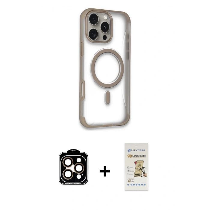 MARSİLYAN™- iPhone 14 Pro Max Kılıf Eksen Klasik Koleksiyonu - Siyah Mat Seramik Nano Ekran Koruyucu + PVD Metal Kamera Lens - TU