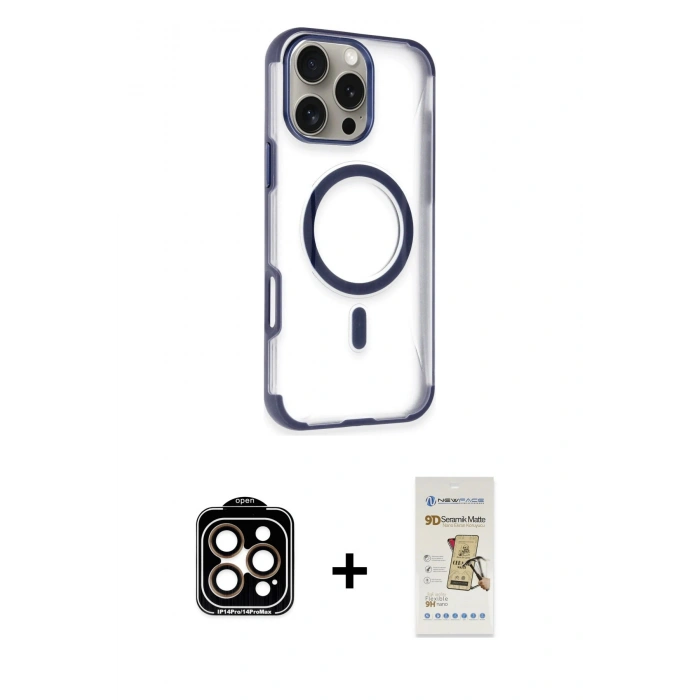 MARSİLYAN™- iPhone 14 Pro Max Kılıf Eksen Klasik Koleksiyonu - Siyah Mat Seramik Nano Ekran Koruyucu + PVD Metal Kamera Lens - TU