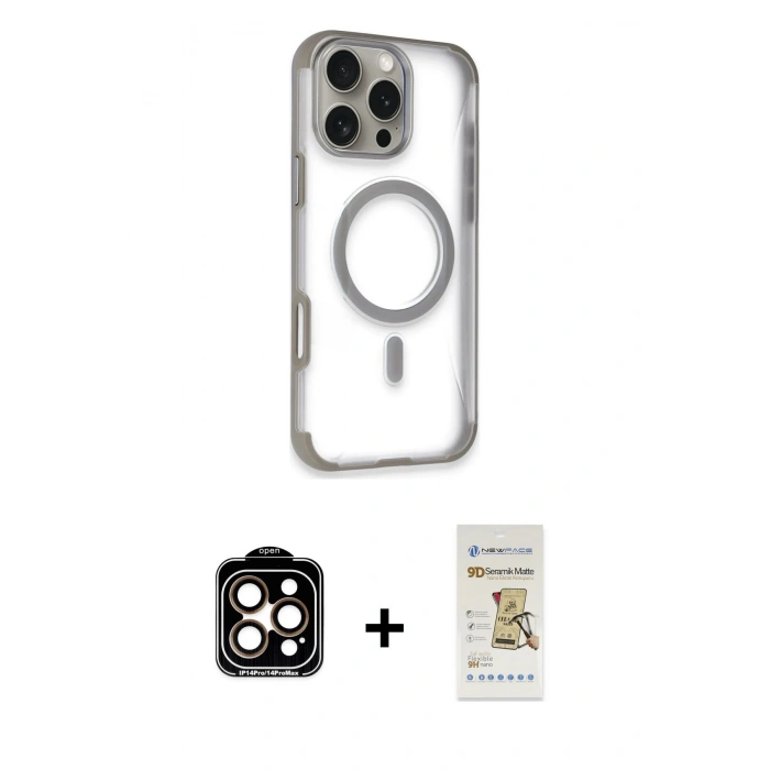 MARSİLYAN™- iPhone 14 Pro Max Kılıf Eksen Klasik Koleksiyonu - Siyah Mat Seramik Nano Ekran Koruyucu + PVD Metal Kamera Lens - TU