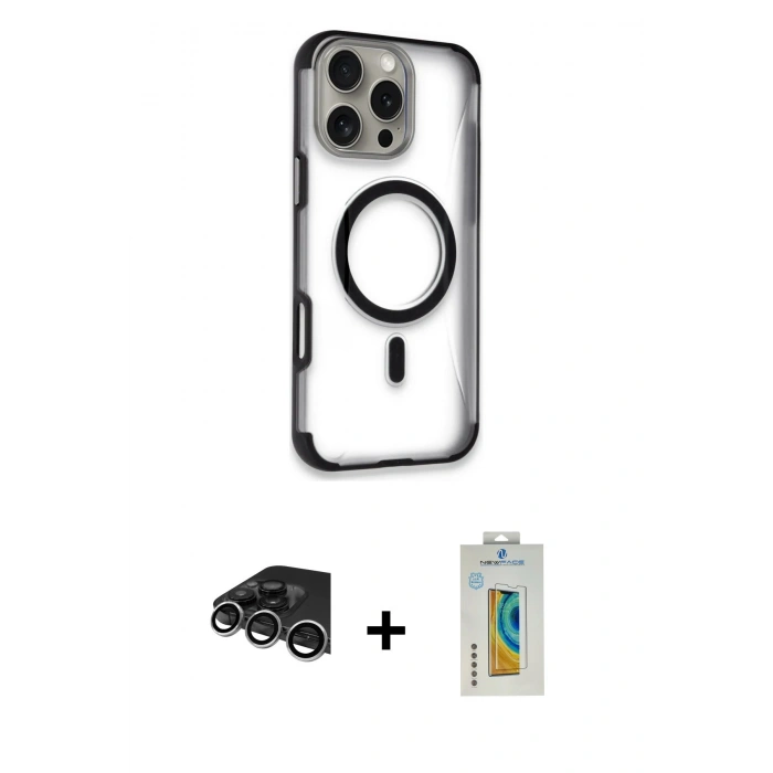 MARSİLYAN™- iPhone 14 Pro Max Kılıf Eksen Klasik Koleksiyonu - Siyah Polymer Nano Ekran Koruyucu + Raze Metal Kamera Lens - GS