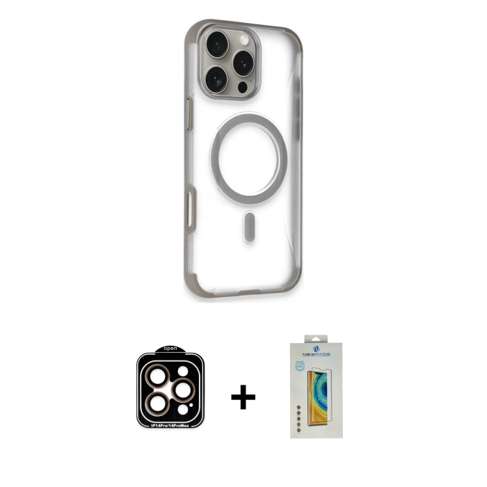 MARSİLYAN™- iPhone 14 Pro Max Kılıf Eksen Klasik Koleksiyonu - Siyah Polymer Nano Ekran Koruyucu + PVD Metal Kamera Lens - TU