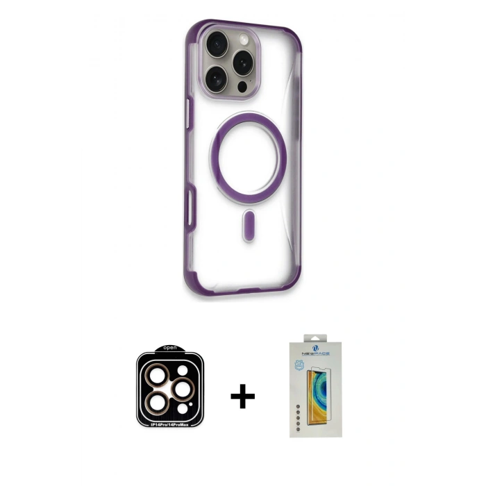 MARSİLYAN™- iPhone 14 Pro Max Kılıf Eksen Klasik Koleksiyonu - Siyah Polymer Nano Ekran Koruyucu + PVD Metal Kamera Lens - TU