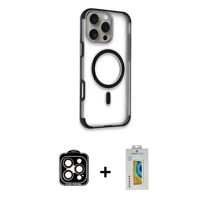 MARSİLYAN™- iPhone 14 Pro Max Kılıf Eksen Klasik Koleksiyonu - Siyah Polymer Nano Ekran Koruyucu + PVD Metal Kamera Lens - TU