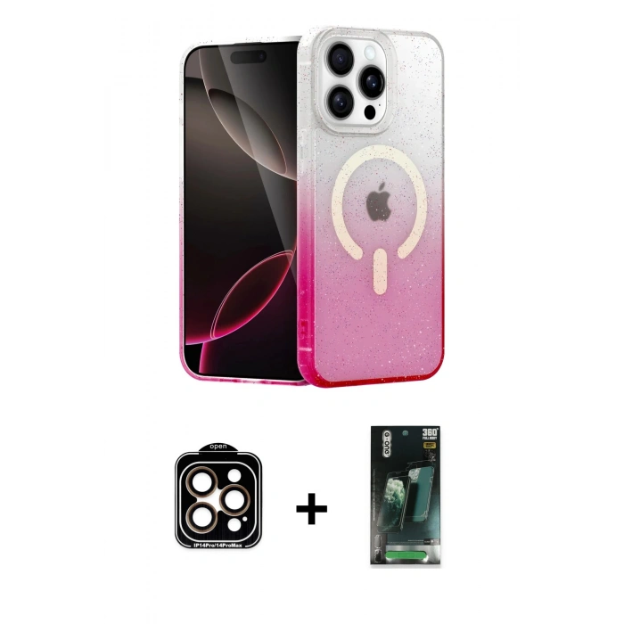 MARSİLYAN™- iPhone 14 Pro Max Kılıf Eksen Minimal Özel Seri - Şeffaf 360 Full Body Arka Koruyucu + Turuncu PVD Metal Kamera Lens
