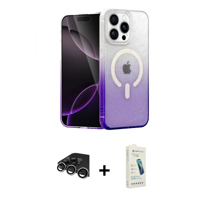MARSİLYAN™- iPhone 14 Pro Max Kılıf Eksen Minimal Özel Seri - Şeffaf Pasifik Cam Ekran Koruyucu + Gümüş Raze Metal Kamera Lens