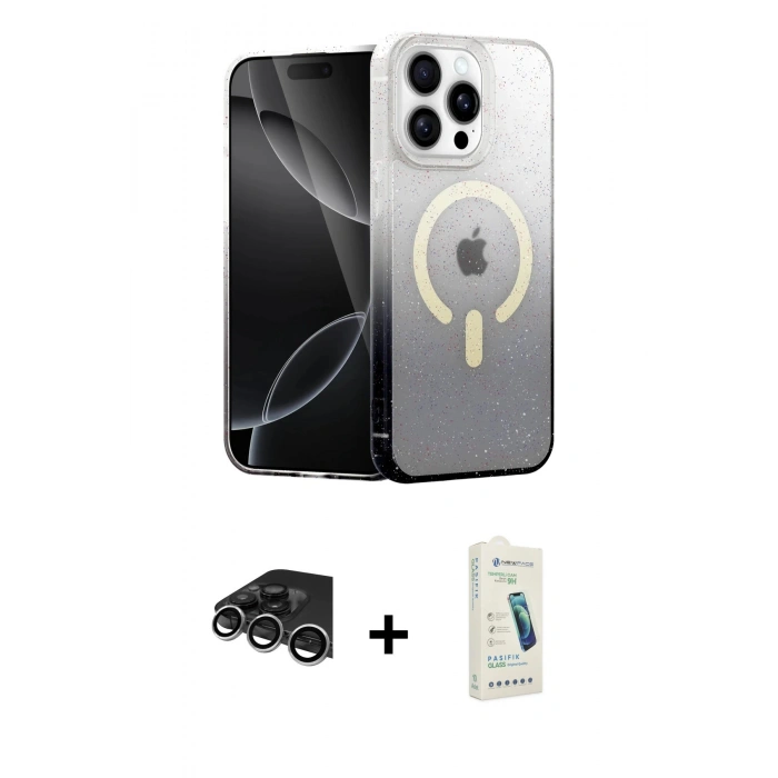 MARSİLYAN™- iPhone 14 Pro Max Kılıf Eksen Minimal Özel Seri - Şeffaf Pasifik Cam Ekran Koruyucu + Gümüş Raze Metal Kamera Lens