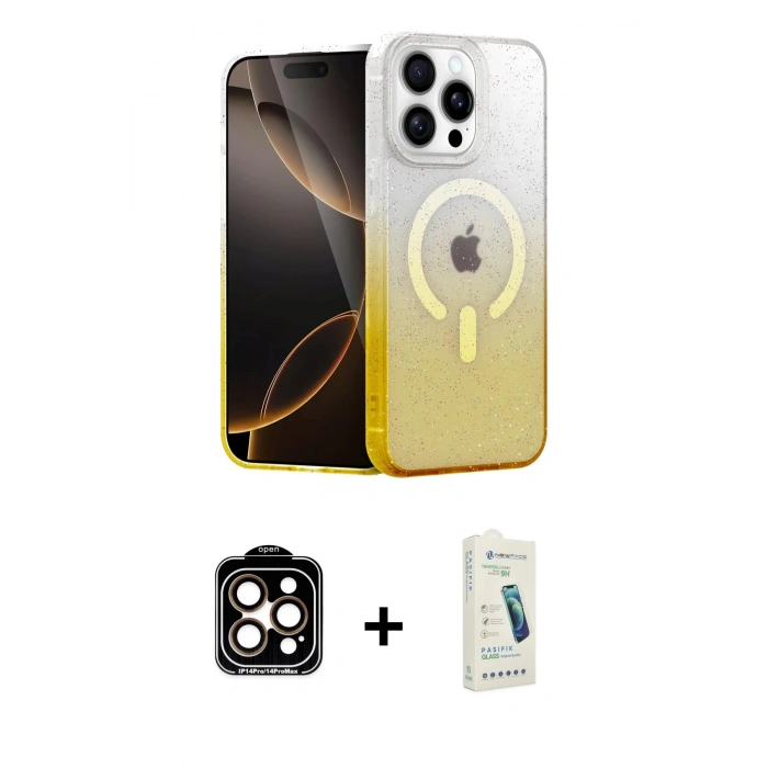 MARSİLYAN™- iPhone 14 Pro Max Kılıf Eksen Minimal Özel Seri - Şeffaf Pasifik Cam Ekran Koruyucu + PVD Metal Kamera Lens - TU