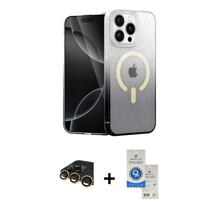 MARSİLYAN™- iPhone 14 Pro Max Kılıf Eksen Minimal Özel Seri - Şeffaf Royal Nano Ekran Koruyucu + Raze Metal Kamera Lens - GD