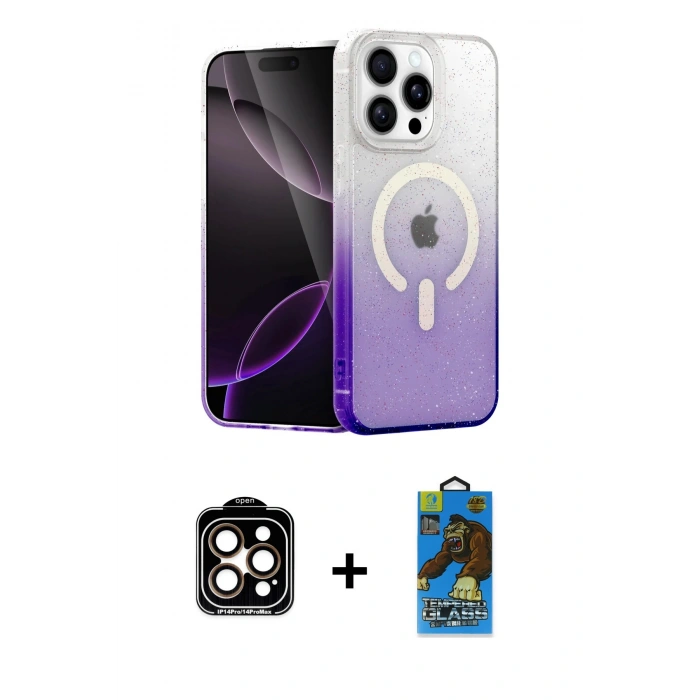 MARSİLYAN™- iPhone 14 Pro Max Kılıf Eksen Minimal Özel Seri - Siyah 18D Cam Ekran Koruyucu + PVD Metal Kamera Lens - TU