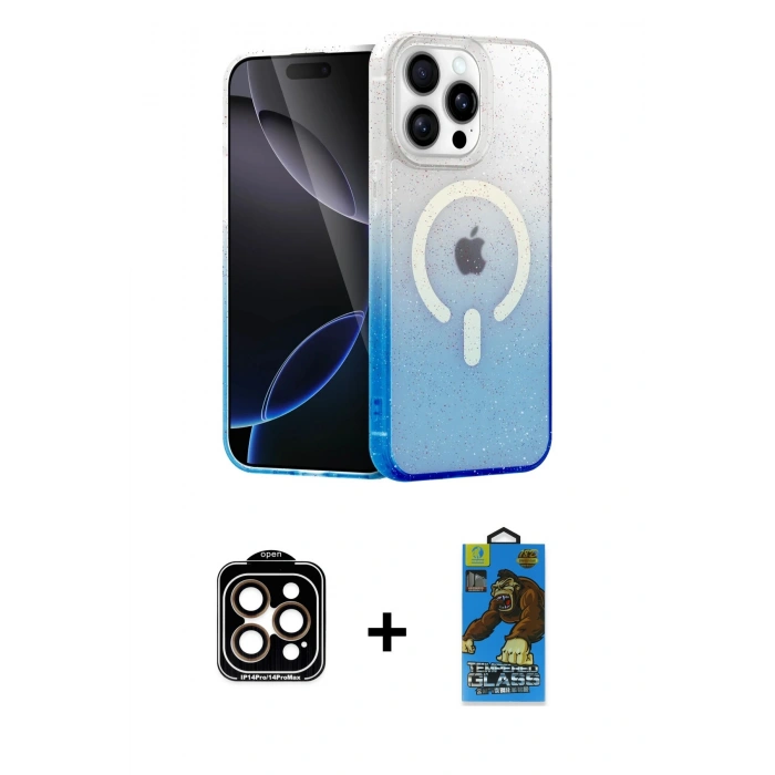 MARSİLYAN™- iPhone 14 Pro Max Kılıf Eksen Minimal Özel Seri - Siyah 18D Cam Ekran Koruyucu + PVD Metal Kamera Lens - TU