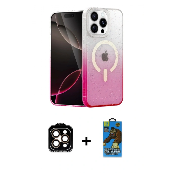 MARSİLYAN™- iPhone 14 Pro Max Kılıf Eksen Minimal Özel Seri - Siyah 18D Cam Ekran Koruyucu + PVD Metal Kamera Lens - TU