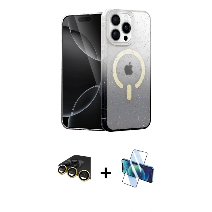 MARSİLYAN™- iPhone 14 Pro Max Kılıf Eksen Minimal Özel Seri - Siyah 3D Antistatik Cam Ekran Koruyucu + Gold Raze Metal Kamera Lens