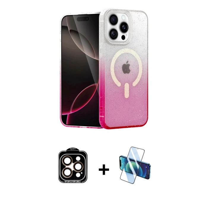 MARSİLYAN™- iPhone 14 Pro Max Kılıf Eksen Minimal Özel Seri - Siyah 3D Antistatik Cam Ekran Koruyucu + Turuncu PVD Metal Kamera Lens
