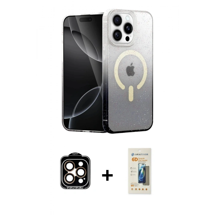 MARSİLYAN™- iPhone 14 Pro Max Kılıf Eksen Minimal Özel Seri - Siyah 6D Mat Seramik Hayalet Nano Ekran Koruyucu + Turuncu PVD Metal Kamera Lens