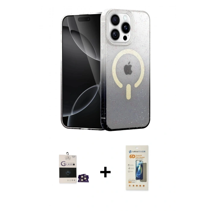 MARSİLYAN™- iPhone 14 Pro Max Kılıf Eksen Minimal Özel Seri - Siyah 6D Mat Seramik Hayalet Nano Ekran Koruyucu + Gold Bilvis Titan Kamera Lens