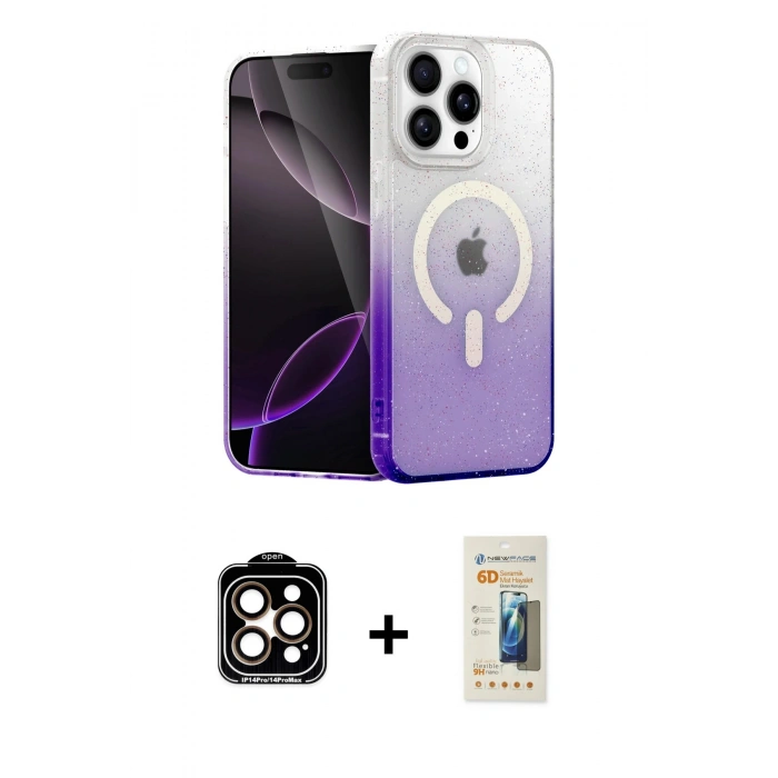 MARSİLYAN™- iPhone 14 Pro Max Kılıf Eksen Minimal Özel Seri - Siyah 6D Mat Seramik Hayalet Nano Ekran Koruyucu + Turuncu PVD Metal Kamera Lens