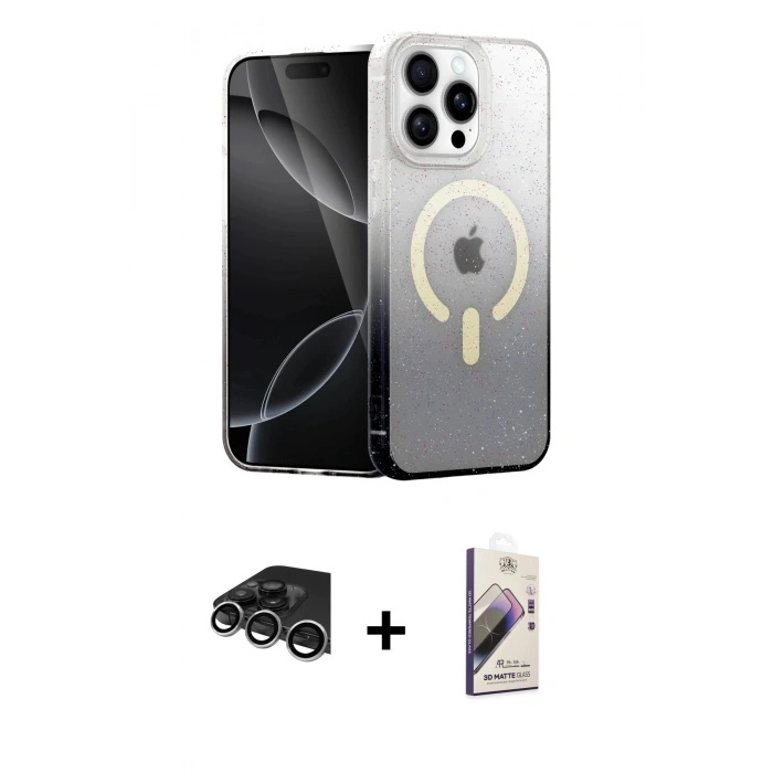 MARSİLYAN™- iPhone 14 Pro Max Kılıf Eksen Minimal Özel Seri - Siyah Bilvis 3D Mat Cam Ekran Koruyucu + Raze Metal Kamera Lens - GS