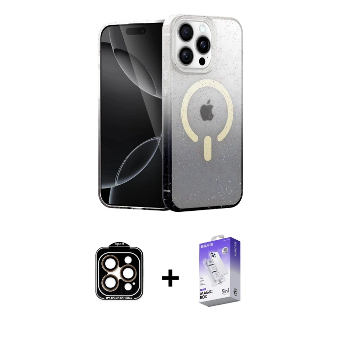 MARSİLYAN™- iPhone 14 Pro Max Kılıf Eksen Minimal Özel Seri - Siyah Bilvis 5in1 3D Magic Cam Ekran Koruyucu + Turuncu PVD Metal Kamera Lens