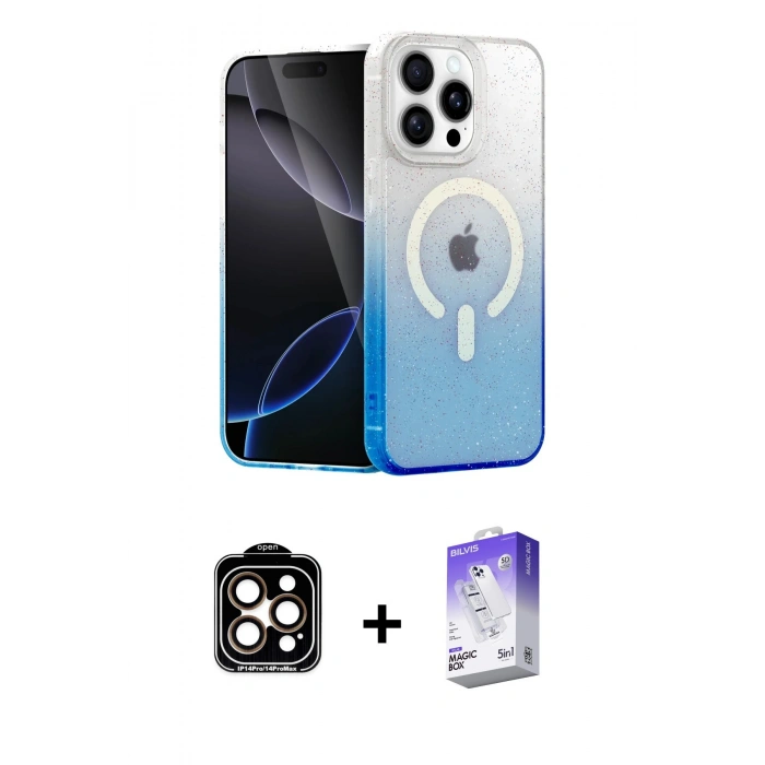 MARSİLYAN™- iPhone 14 Pro Max Kılıf Eksen Minimal Özel Seri - Siyah Bilvis 5in1 3D Magic Cam Ekran Koruyucu + Turuncu PVD Metal Kamera Lens