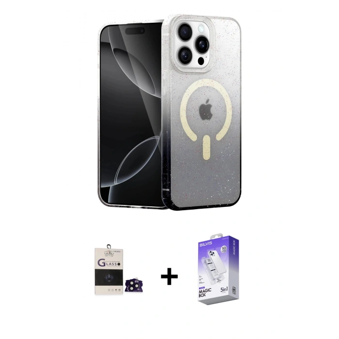 MARSİLYAN™- iPhone 14 Pro Max Kılıf Eksen Minimal Özel Seri - Siyah Bilvis 5in1 3D Magic Cam Ekran Koruyucu + Bilvis Titan Kamera Lens - SH