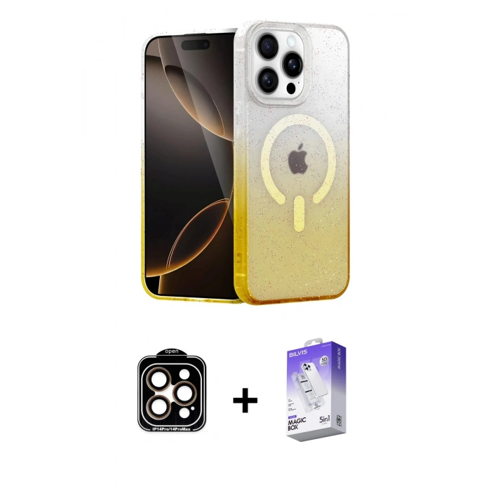 MARSİLYAN™- iPhone 14 Pro Max Kılıf Eksen Minimal Özel Seri - Siyah Bilvis 5in1 3D Magic Cam Ekran Koruyucu + Turuncu PVD Metal Kamera Lens