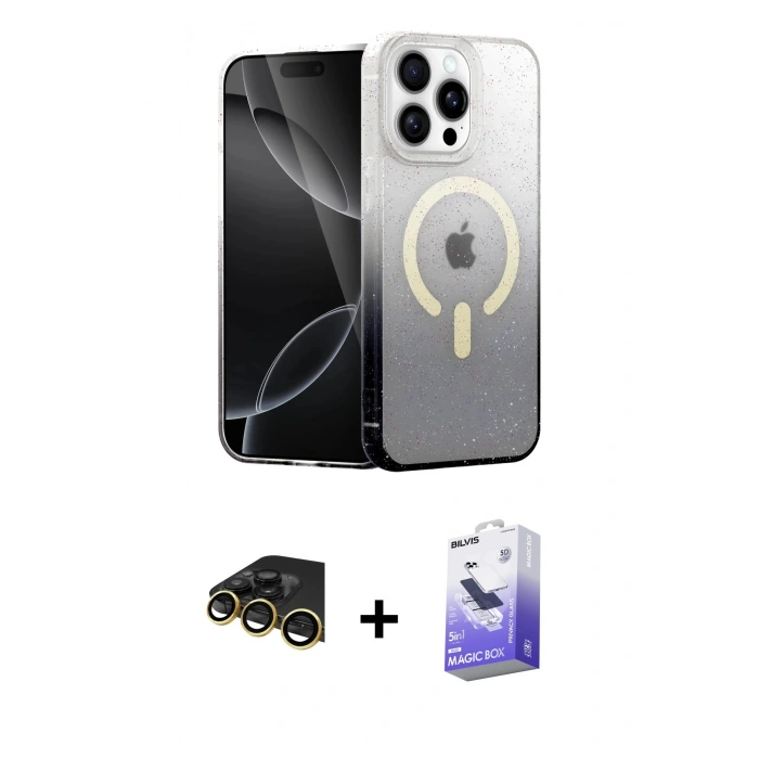 MARSİLYAN™- iPhone 14 Pro Max Kılıf Eksen Minimal Özel Seri - Siyah Bilvis 5in1 5D Magic Hayalet Cam Ekran Koruyucu + Raze Metal Kamera Lens - GD