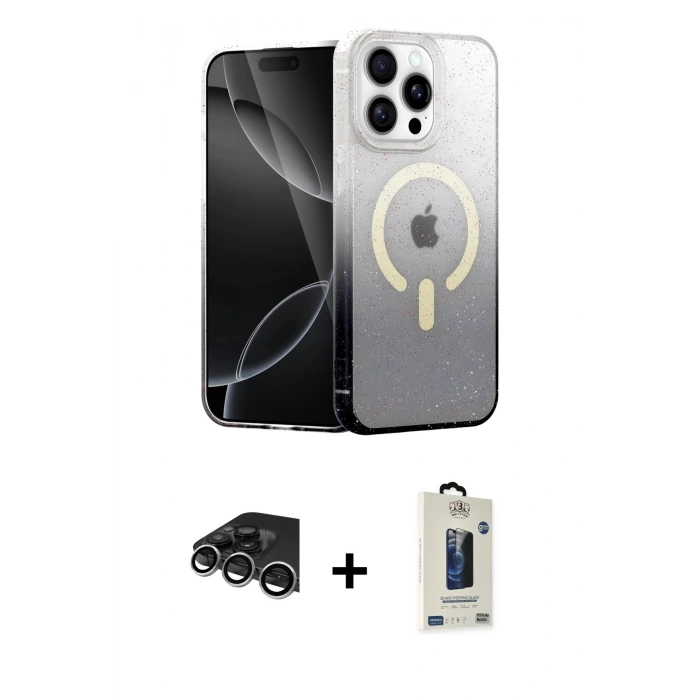 MARSİLYAN™- iPhone 14 Pro Max Kılıf Eksen Minimal Özel Seri - Siyah Bilvis Hayalet Cam Ekran Koruyucu + Gümüş Raze Metal Kamera Lens
