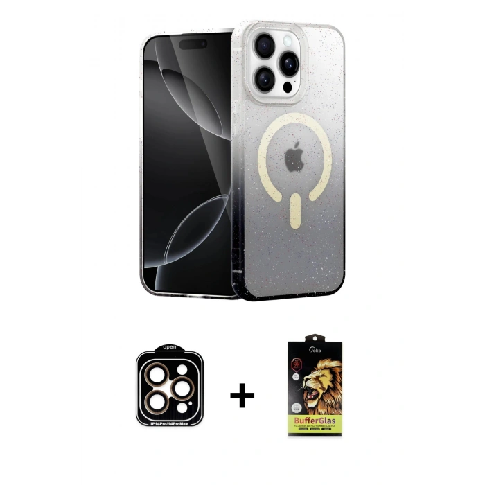 MARSİLYAN™- iPhone 14 Pro Max Kılıf Eksen Minimal Özel Seri - Siyah Buffer Cam Ekran Koruyucu + Turuncu PVD Metal Kamera Lens