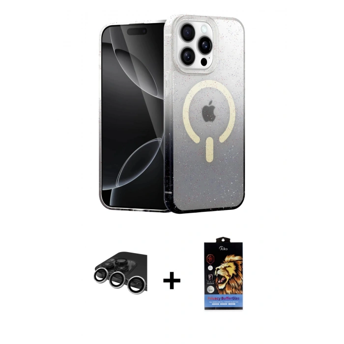 MARSİLYAN™- iPhone 14 Pro Max Kılıf Eksen Minimal Özel Seri - Siyah Buffer Hayalet Cam Ekran Koruyucu + Gümüş Raze Metal Kamera Lens
