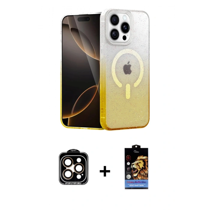 MARSİLYAN™- iPhone 14 Pro Max Kılıf Eksen Minimal Özel Seri - Siyah Buffer Hayalet Cam Ekran Koruyucu + PVD Metal Kamera Lens - TU
