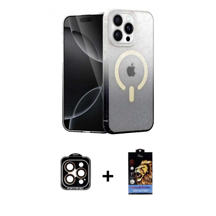 MARSİLYAN™- iPhone 14 Pro Max Kılıf Eksen Minimal Özel Seri - Siyah Buffer Hayalet Cam Ekran Koruyucu + PVD Metal Kamera Lens - TU