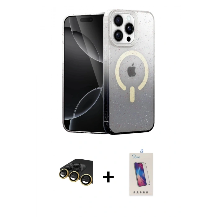 MARSİLYAN™- iPhone 14 Pro Max Kılıf Eksen Minimal Özel Seri - Siyah Joko 5D Cam + Gold Raze Metal Kamera Lens