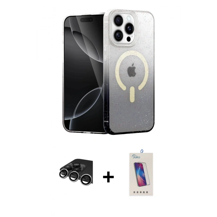 MARSİLYAN™- iPhone 14 Pro Max Kılıf Eksen Minimal Özel Seri - Siyah Joko 5D Cam + Gümüş Raze Metal Kamera Lens