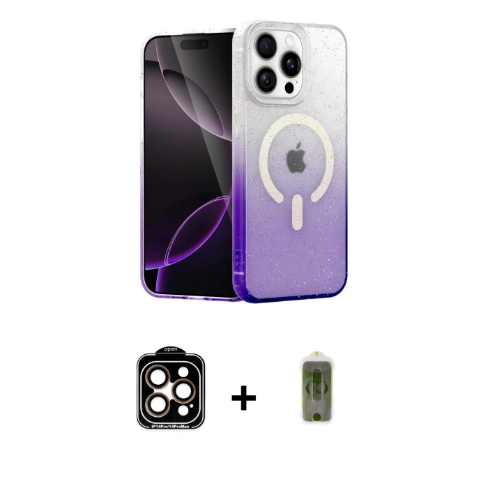 MARSİLYAN™- iPhone 14 Pro Max Kılıf Eksen Minimal Özel Seri - Siyah Joko Magic 5D Hayalet Cam + Turuncu PVD Metal Kamera Lens