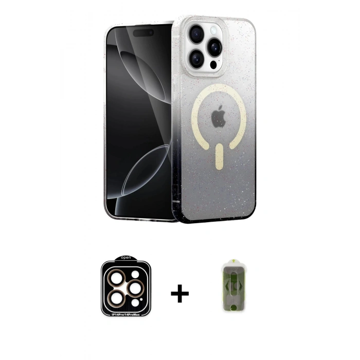 MARSİLYAN™- iPhone 14 Pro Max Kılıf Eksen Minimal Özel Seri - Siyah Joko Magic 5D Hayalet Cam + Turuncu PVD Metal Kamera Lens