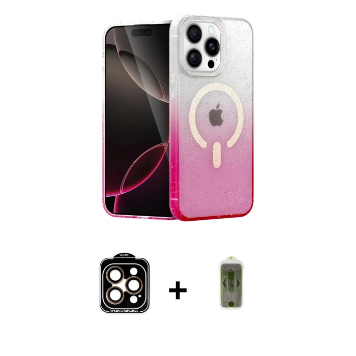 MARSİLYAN™- iPhone 14 Pro Max Kılıf Eksen Minimal Özel Seri - Siyah Joko Magic 5D Hayalet Cam + Turuncu PVD Metal Kamera Lens