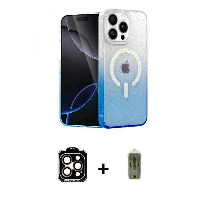 MARSİLYAN™- iPhone 14 Pro Max Kılıf Eksen Minimal Özel Seri - Siyah Joko Magic 5D Hayalet Cam + Turuncu PVD Metal Kamera Lens