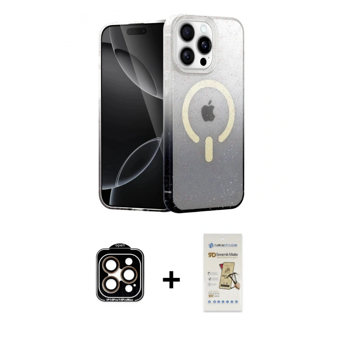 MARSİLYAN™- iPhone 14 Pro Max Kılıf Eksen Minimal Özel Seri - Siyah Mat Seramik Nano Ekran Koruyucu + PVD Metal Kamera Lens - TU