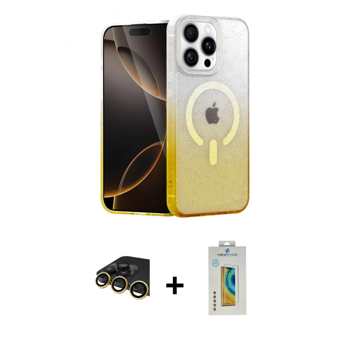 MARSİLYAN™- iPhone 14 Pro Max Kılıf Eksen Minimal Özel Seri - Siyah Polymer Nano Ekran Koruyucu + Gold Raze Metal Kamera Lens