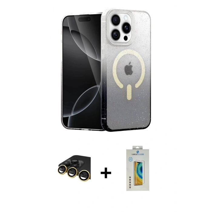 MARSİLYAN™- iPhone 14 Pro Max Kılıf Eksen Minimal Özel Seri - Siyah Polymer Nano Ekran Koruyucu + Gold Raze Metal Kamera Lens