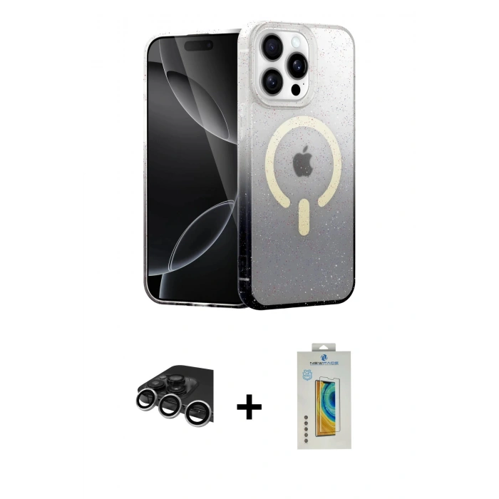 MARSİLYAN™- iPhone 14 Pro Max Kılıf Eksen Minimal Özel Seri - Siyah Polymer Nano Ekran Koruyucu + Gümüş Raze Metal Kamera Lens